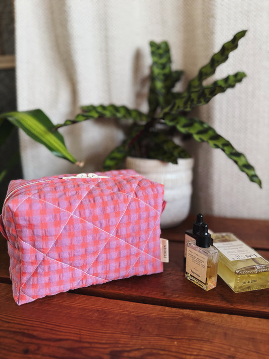 Trousse matelassée - vichy violet & orange - taille M